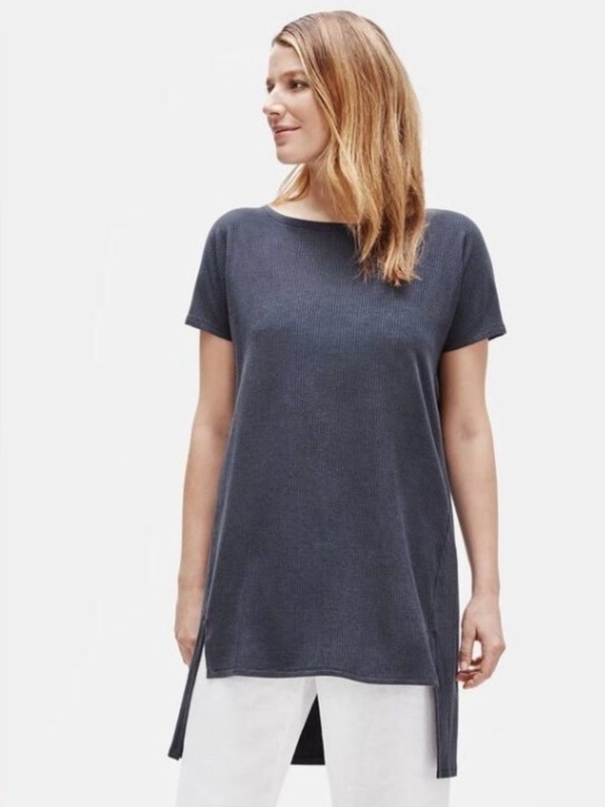 Eileen Fisher Gray Ribbed Lyocell Blend High Low Tunic Dress S/P