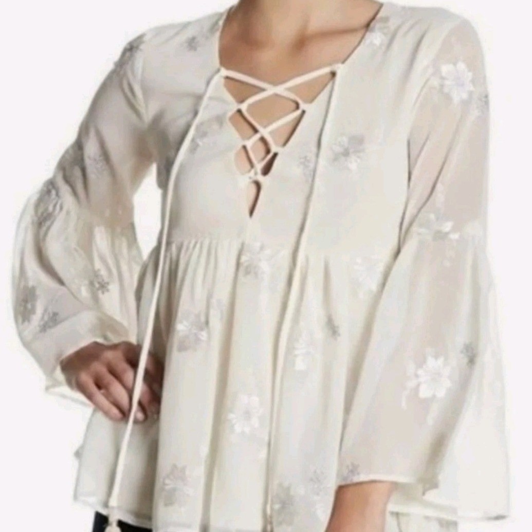 Show Me Your Mumu Ivory Floral Embroidered Bell Sleeve Poet Tie Top Small New