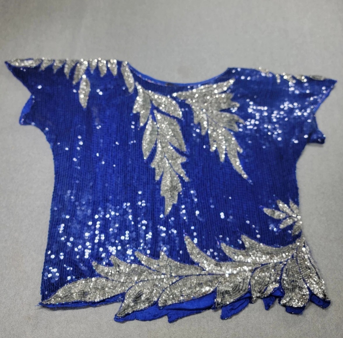 Vintage Joseph Le Bon Top Womens XL Blue Silver Sequin Beaded Silk 80s Elegant