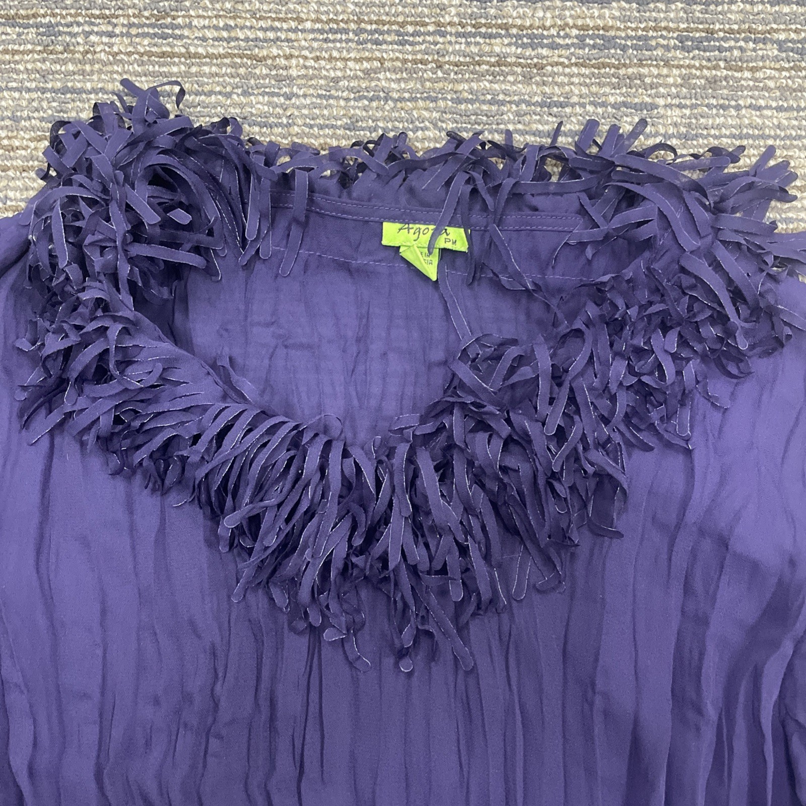 Agora Ladies Pleated Blouse Fringe Eggplant Purple 3/4 Sleeve Boho Luxe Petite M