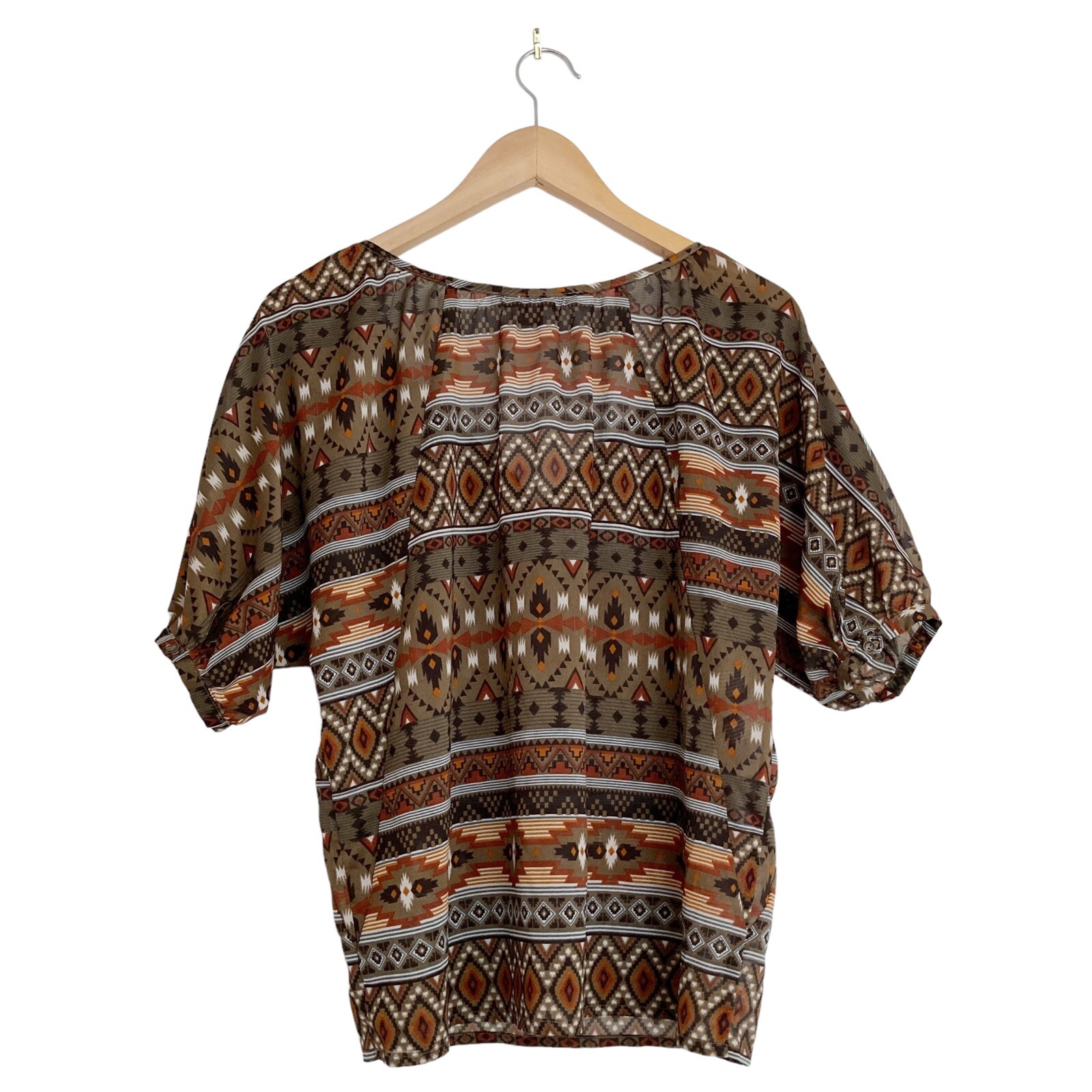 Love 21 Womens Size Medium TUNIC Aztec Art BLOUSE Geometric Pattern SHEER V-Neck