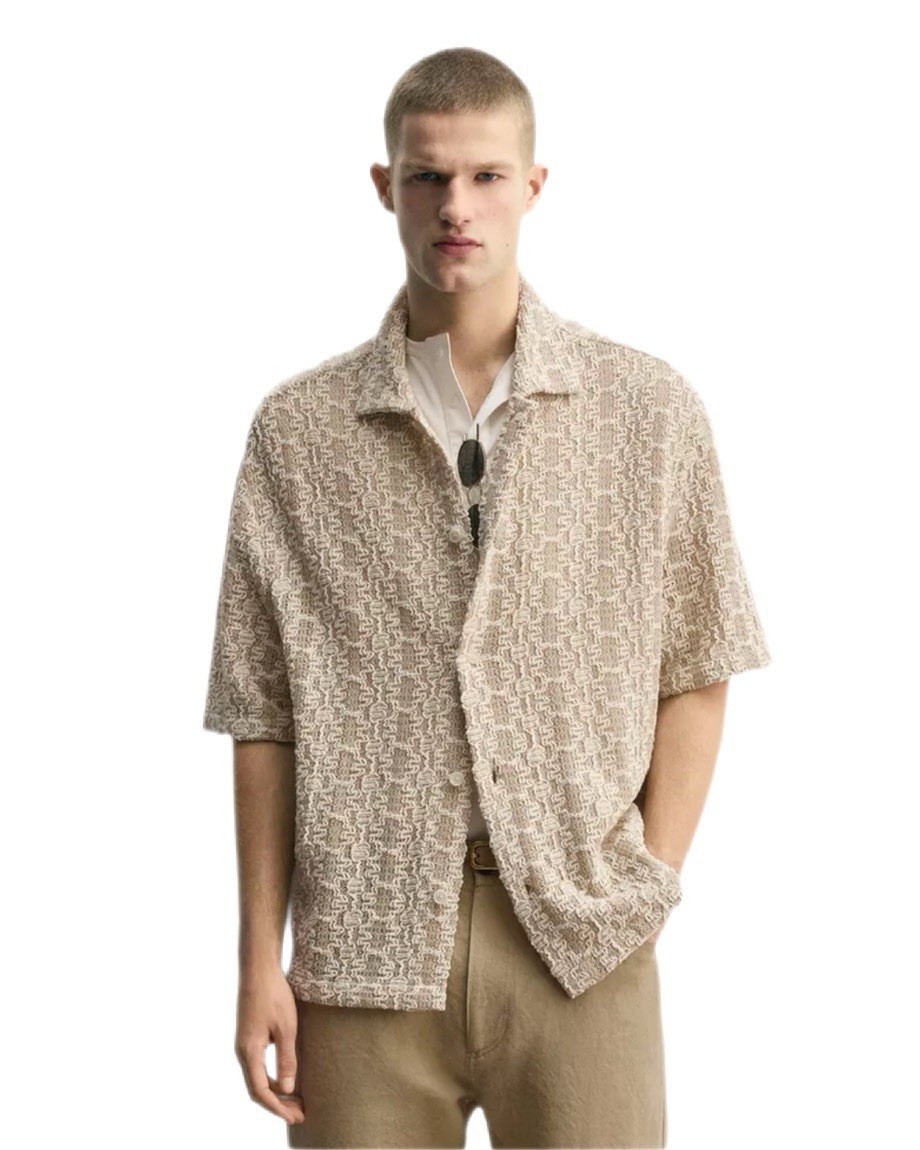 NWT Zara Crochet Textured Button Up Shirt XL Relaxed Fit Taupe/Cream