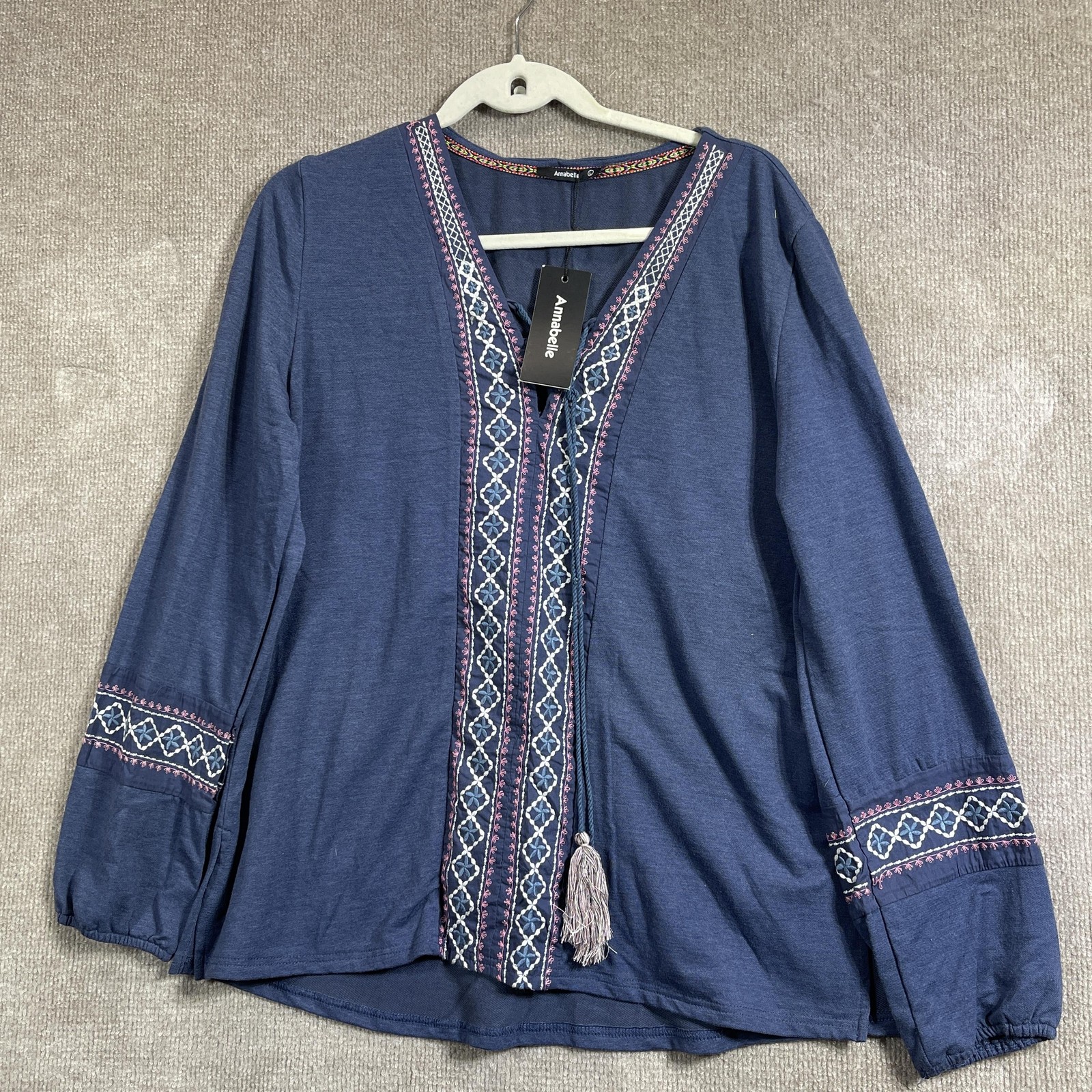 Annabelle Blouse Womens Large Embroidered Boho Peasant Tunic Top Long Sleeve