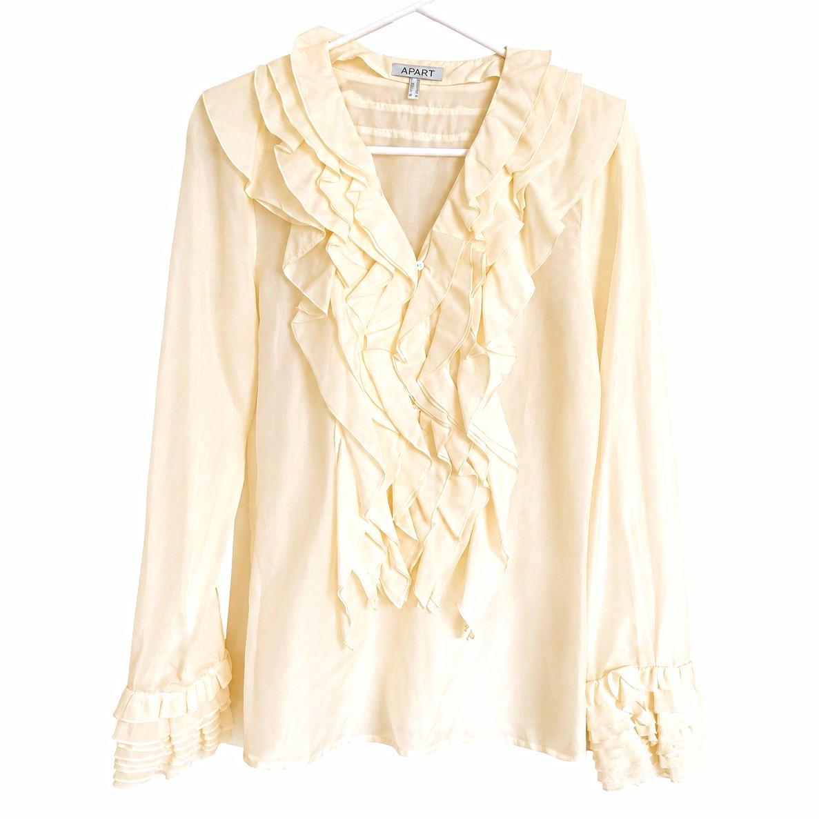 APART Women’s Ivory Ruffle Collar Sheer Chiffon Cotton Silk Button Blouse 6