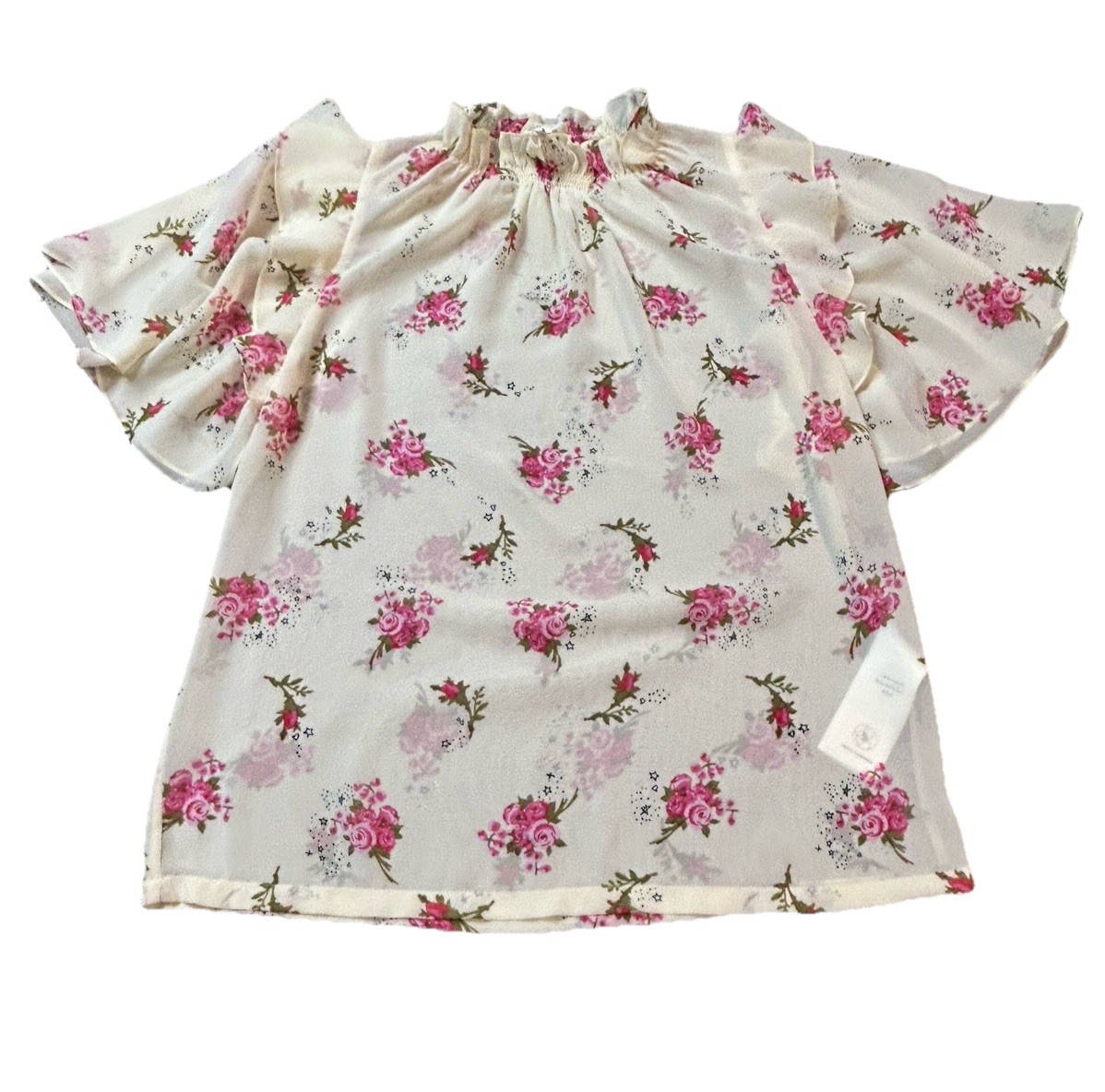 Maje Sheer Cottage Core Floral Ruffle Blouse Sz 1 Mock Neck Ruffled Feminine