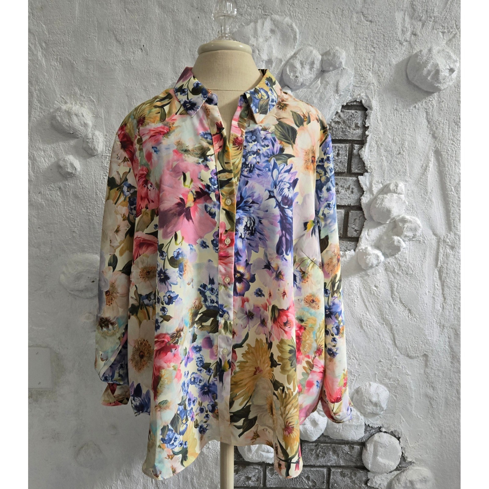 Premise Woman Floral Button Down Shirt 3X Plus Size Multi Color Long Sleeve Boho