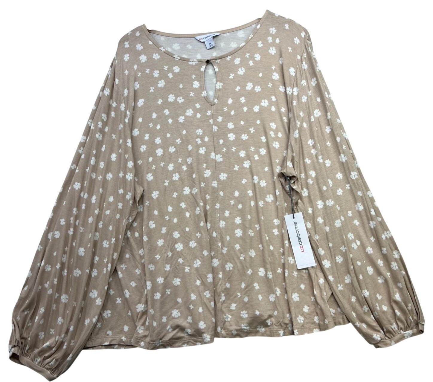 Liz Claiborne Womens Keyhole Neck Blouse Long-Sleeve Size 3X Beige White Floral