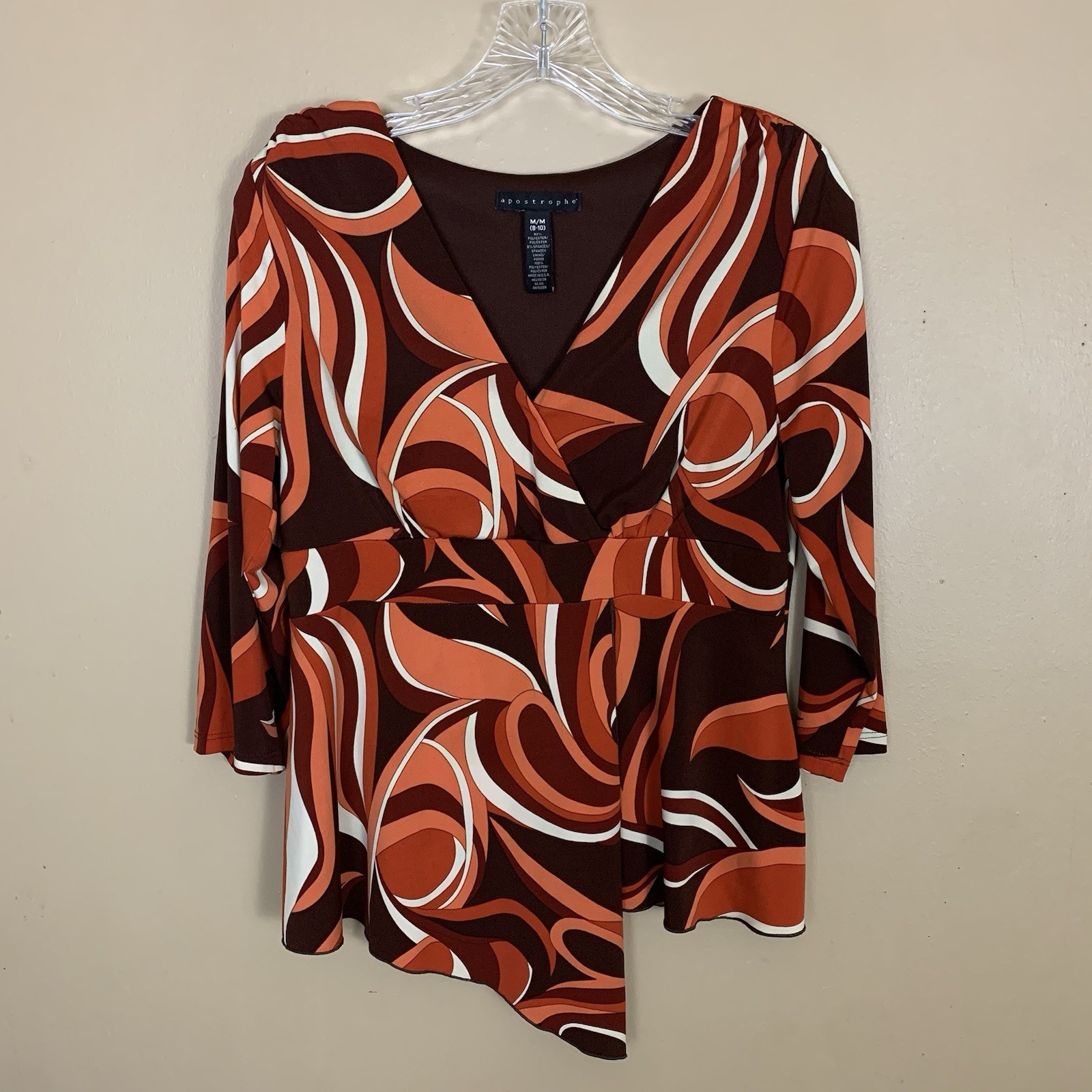 Apostrophe Top Womens Medium Orange Brown Abstact Retro Print Y2K Vintage Blouse