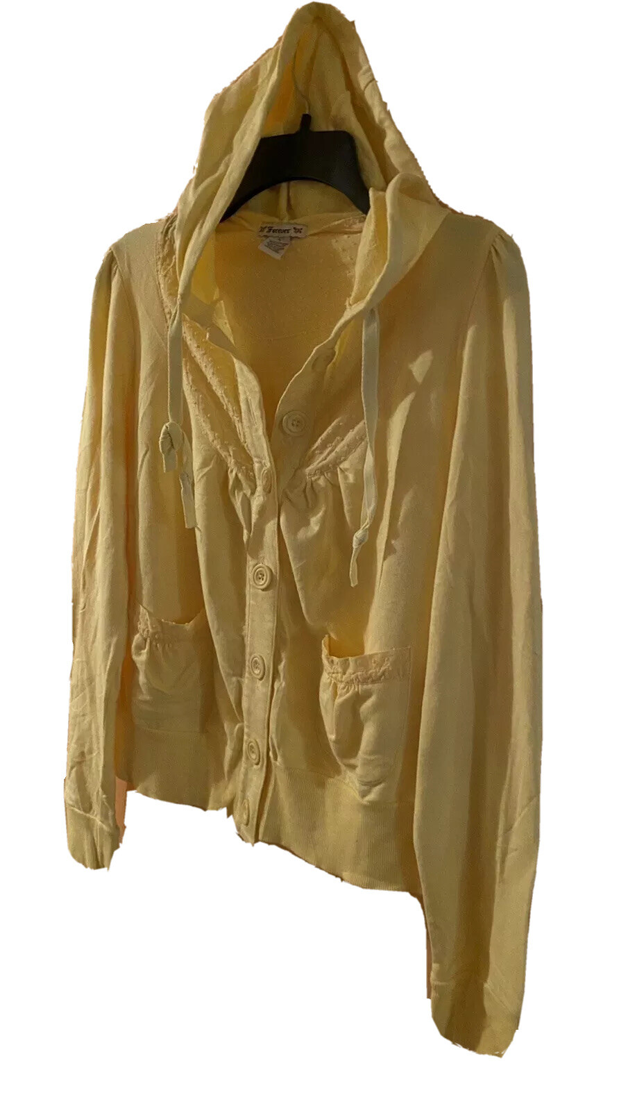 WOMENS LARGE FOREVER HOODED BUTTON DOWN YELLOW LONG SLEEVE SHIRT WITH POCKETS