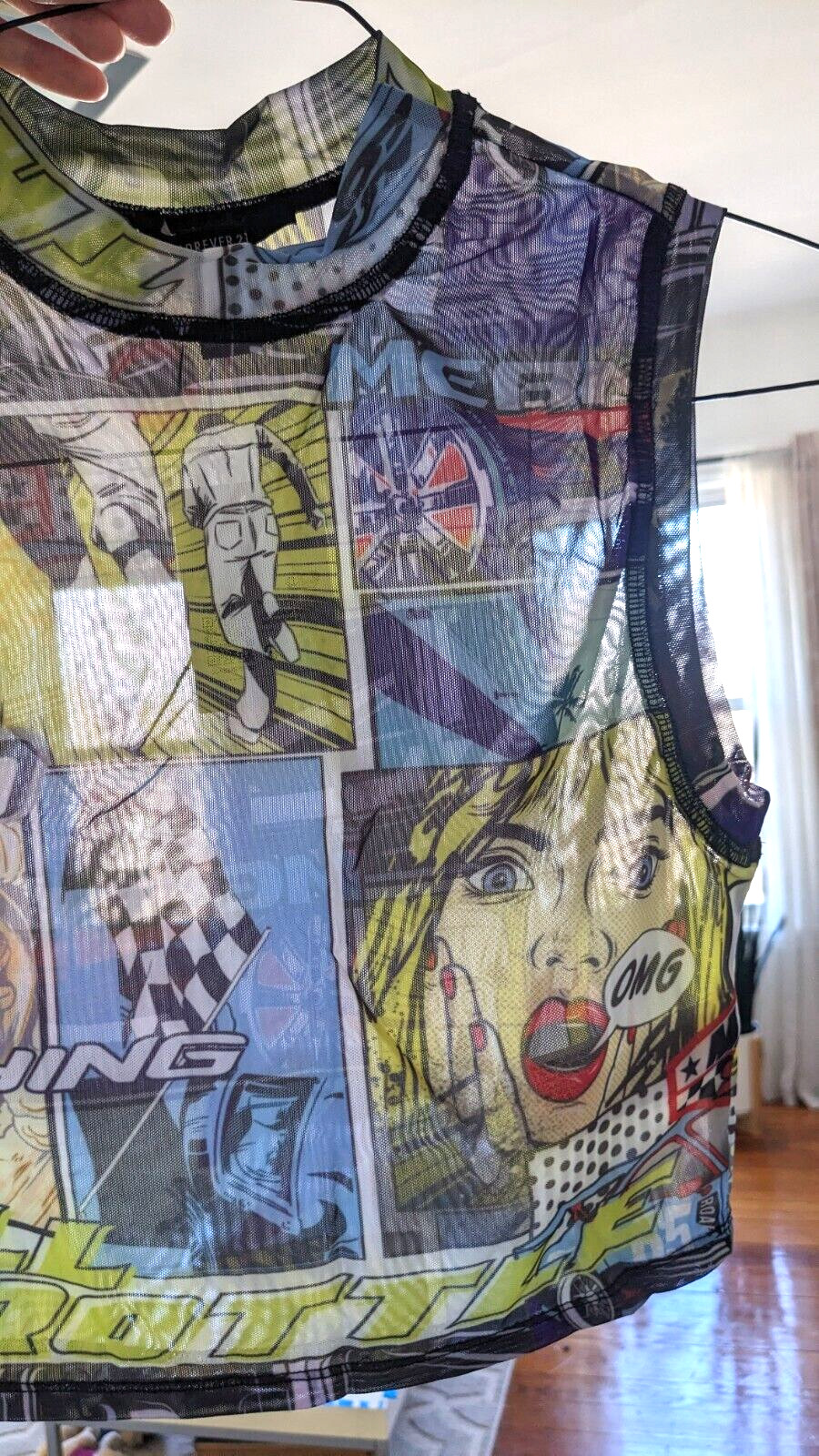 Comic Book Graphic Print Mesh Crop Top Shirt woman’s MEDIUM 80s 90s Y2K street