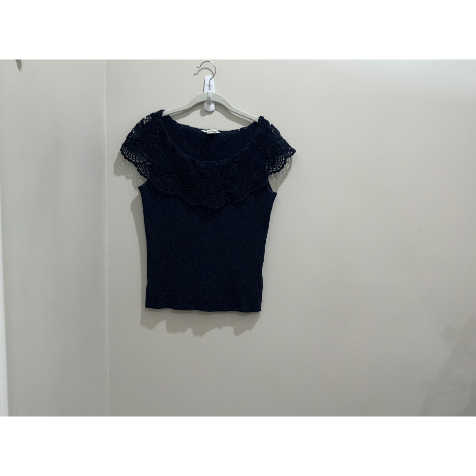 Nygard Collection Navy Blue Silk Blend Crochet Lace Collar Ribbed Knit Top L