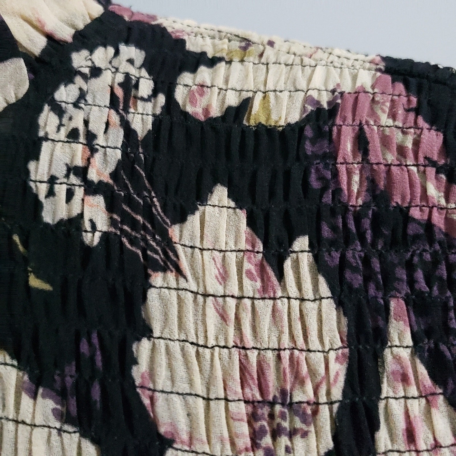 Lyn Burches Black Floral Smocked Stretchy Semi Sheer Sleeve Crop Top Small Y2K