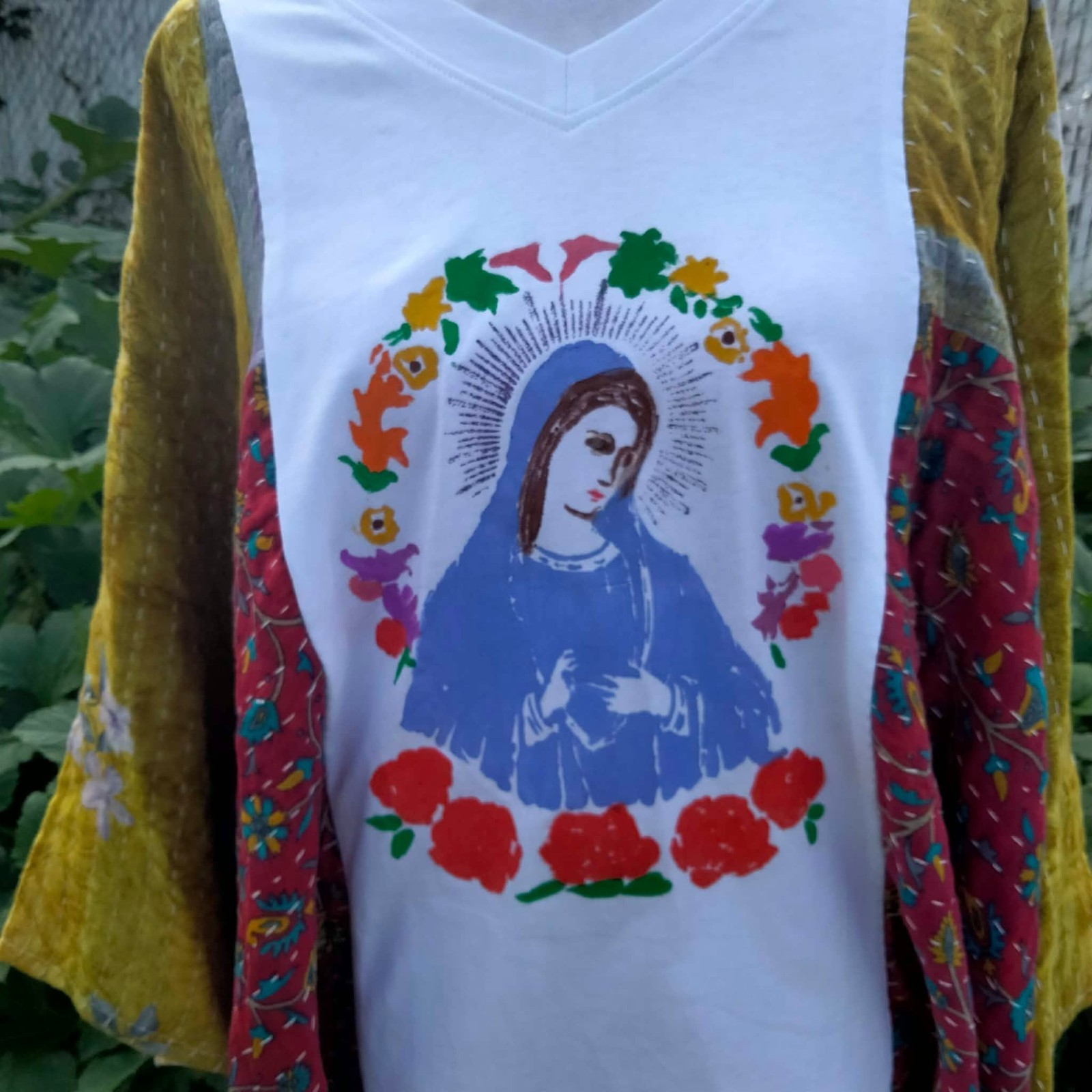 New! Hand painted Handmade Blessed Mother Floral Kantha poncho top one size