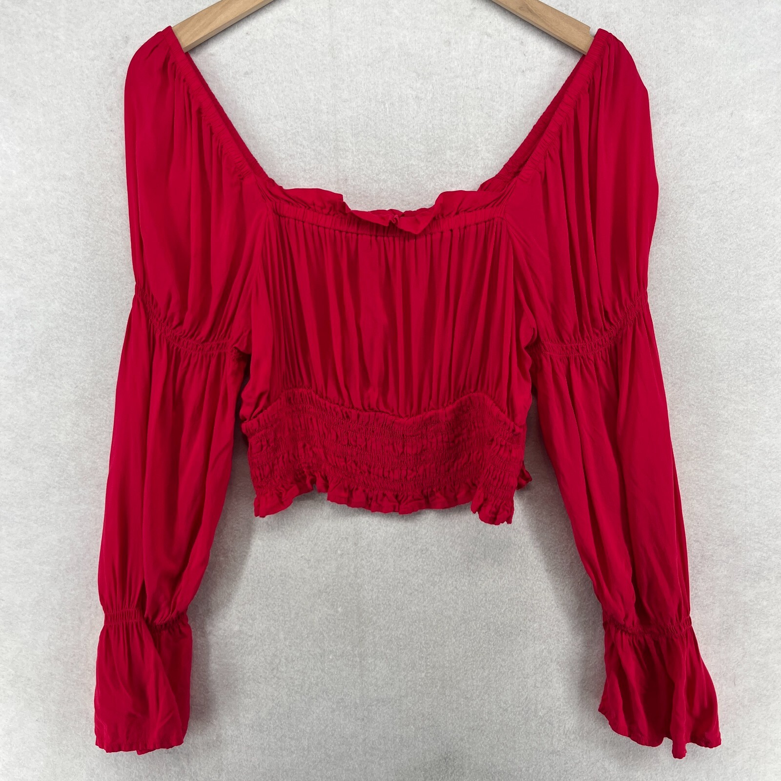 OPEN EDIT Top Womens S Ruched Crop Ruffle Smocked Rayon Woven Puff Sleeve Red