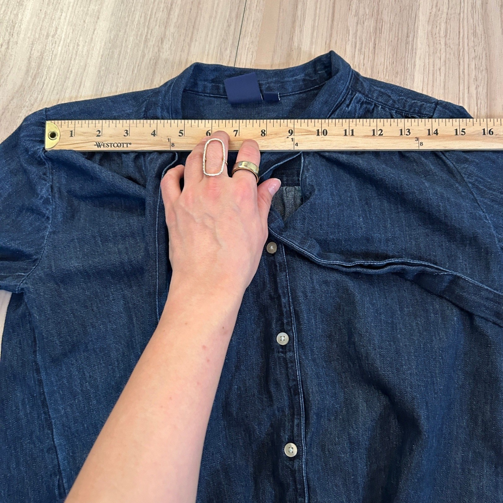 Gap Tailored Dark Wash Denim Tie Neck Blouse XXS Minimalist Career Classic