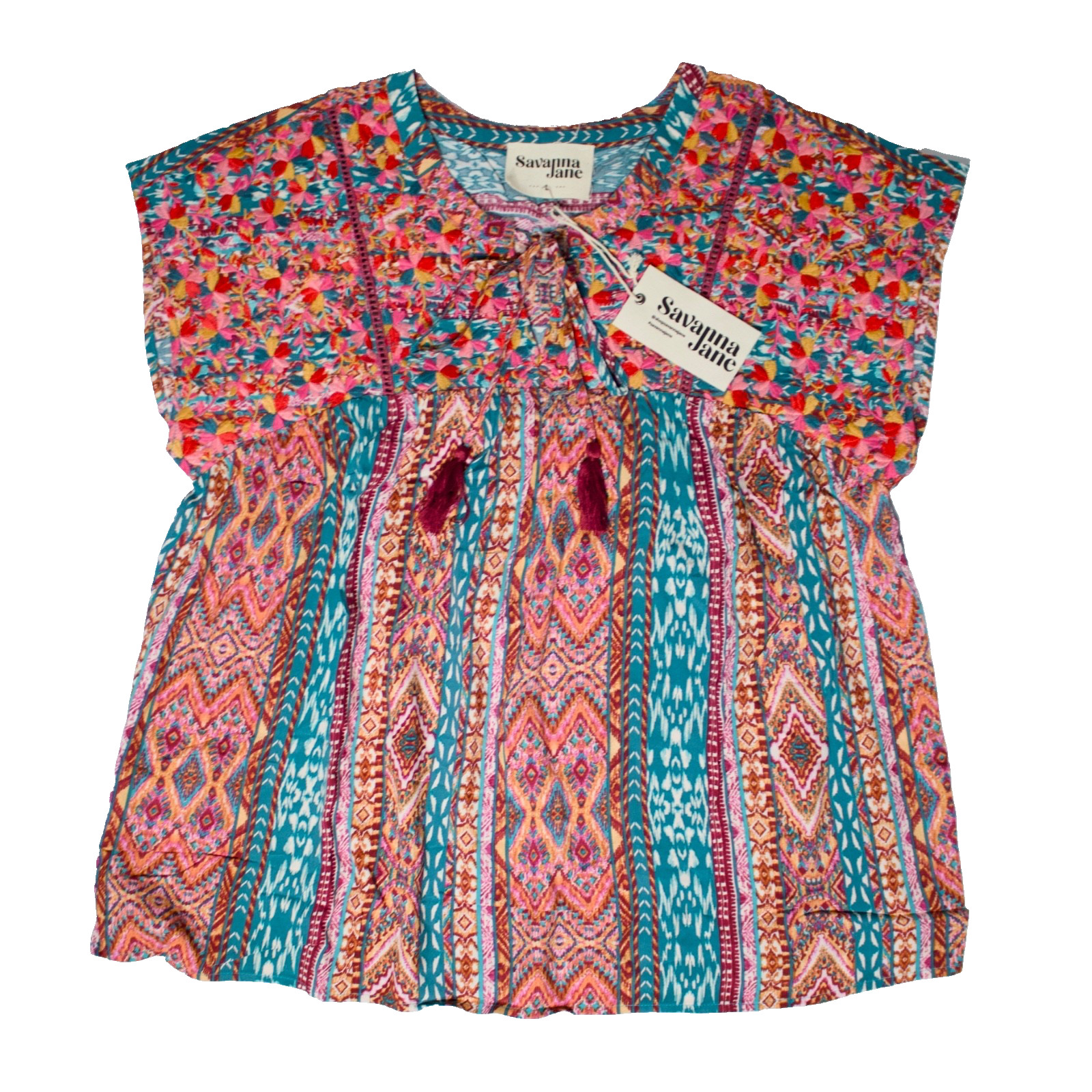 NWT Savanna Jane Pink Red Embroidered Tasseled Blouse Top Boho Festival Women L