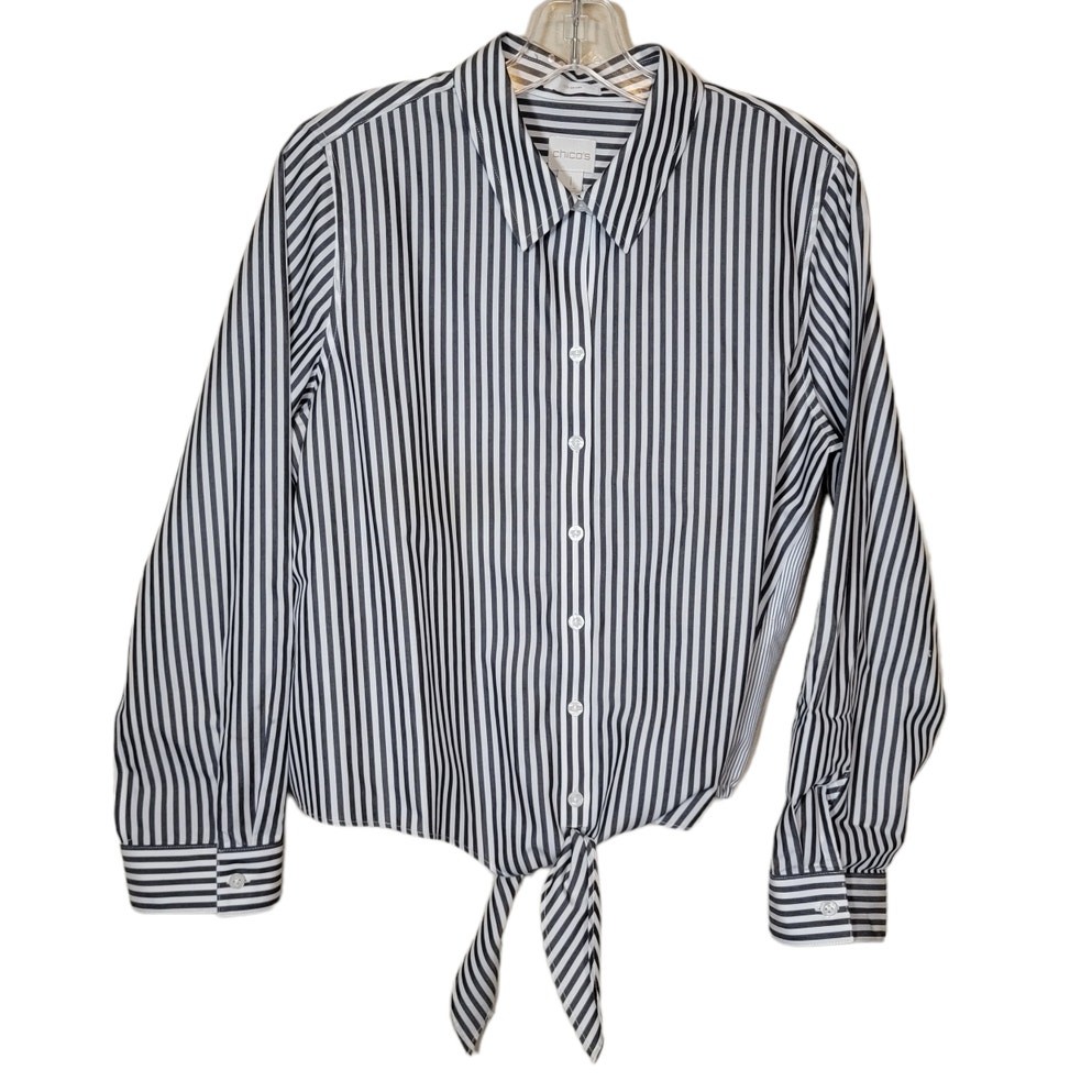 Chico’s No Iron Button Up Shirt Top Front Tie Striped White Blue Size 1 US M/8