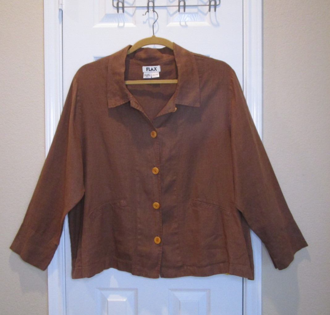 FLAX Medium/Heavy Weight Brown Linen Button-down Long Sleeve Blouse ~ SZ 2G