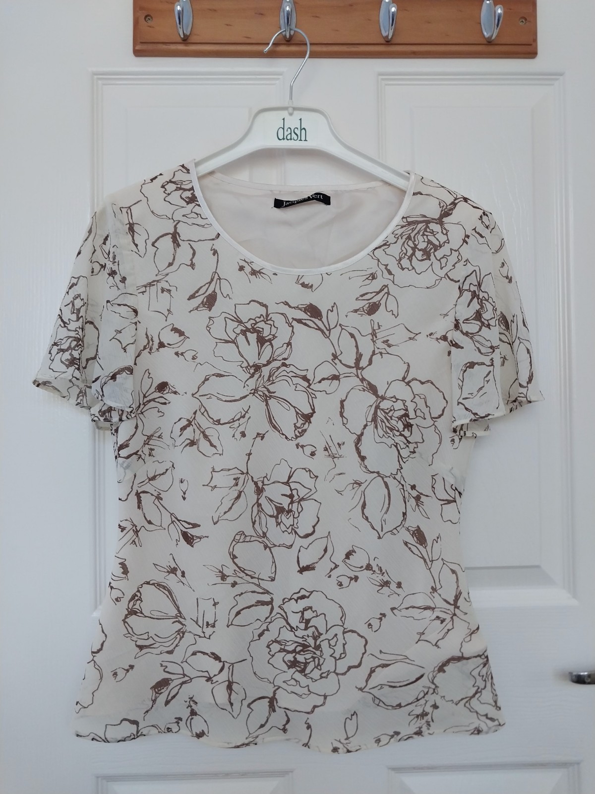 Jacques Vert Elegant Cream Coffee Floral Lined Top Flutter Sleeve Wedding Sz 12