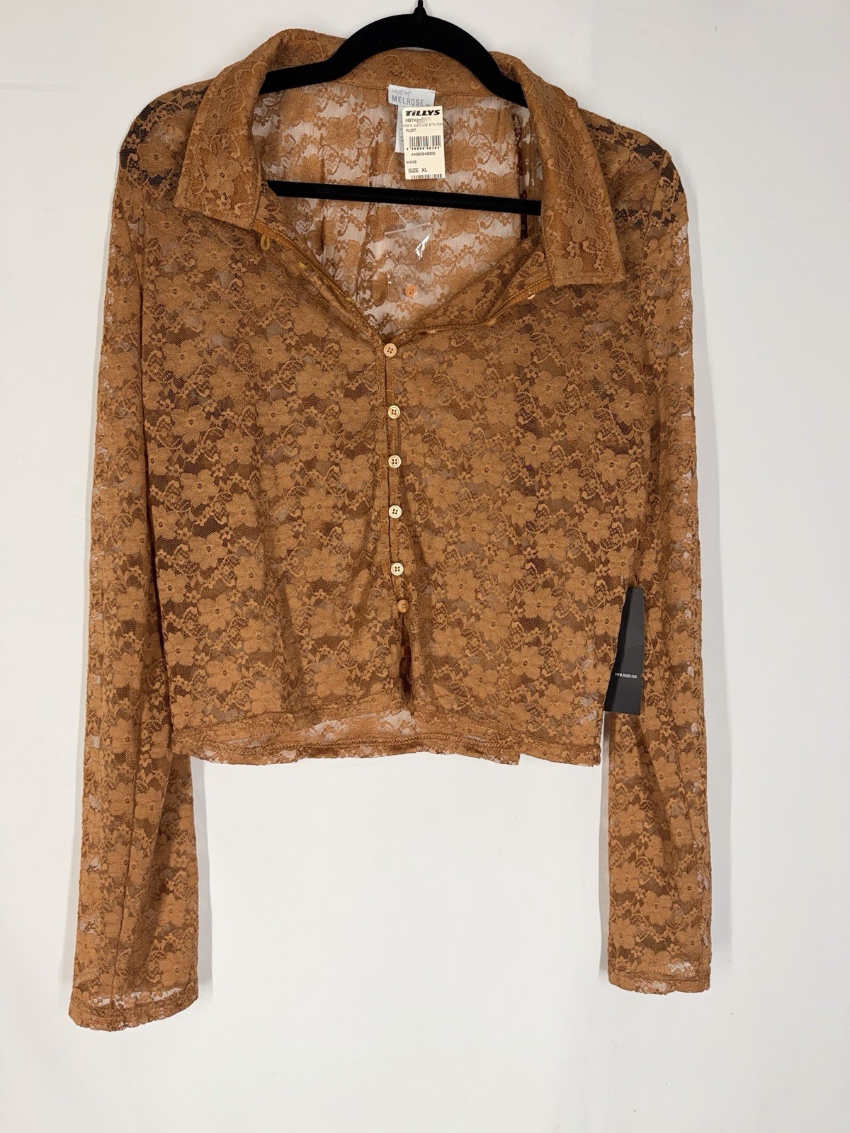 West of Melrose Floral Lace Collared Long Sleeve Button-Up Top Rust XL