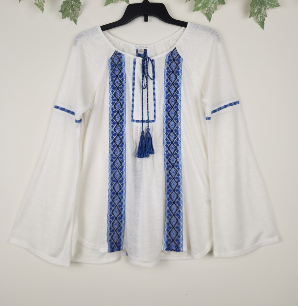 John Paul Richard Size S White Blue Flared Long Sleeve Boho Tassel Tunic Top