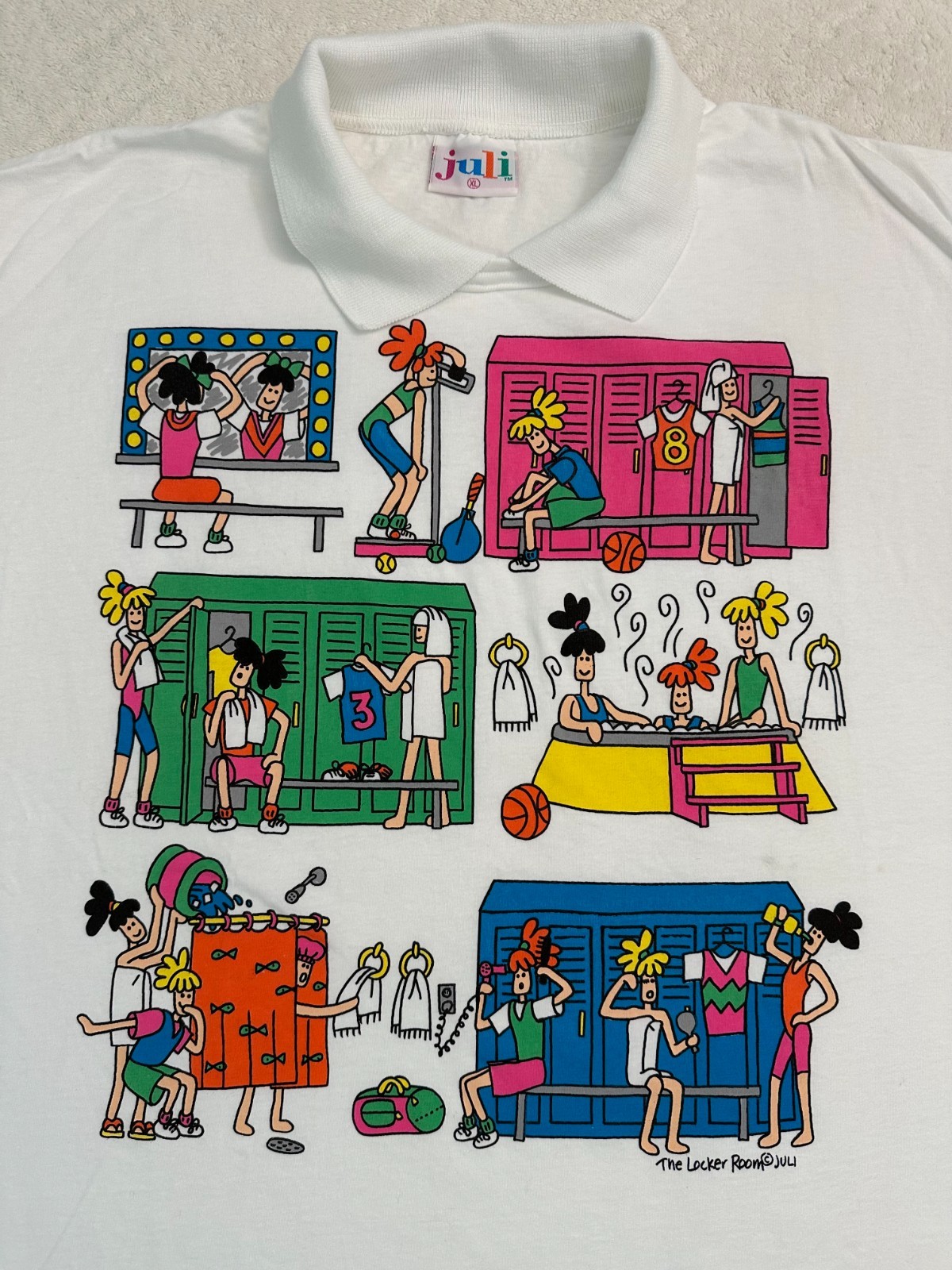 Vintage 80s 90s Womens Locker Room Comic Cartoon Collared T-Shirt XL Barely Worn