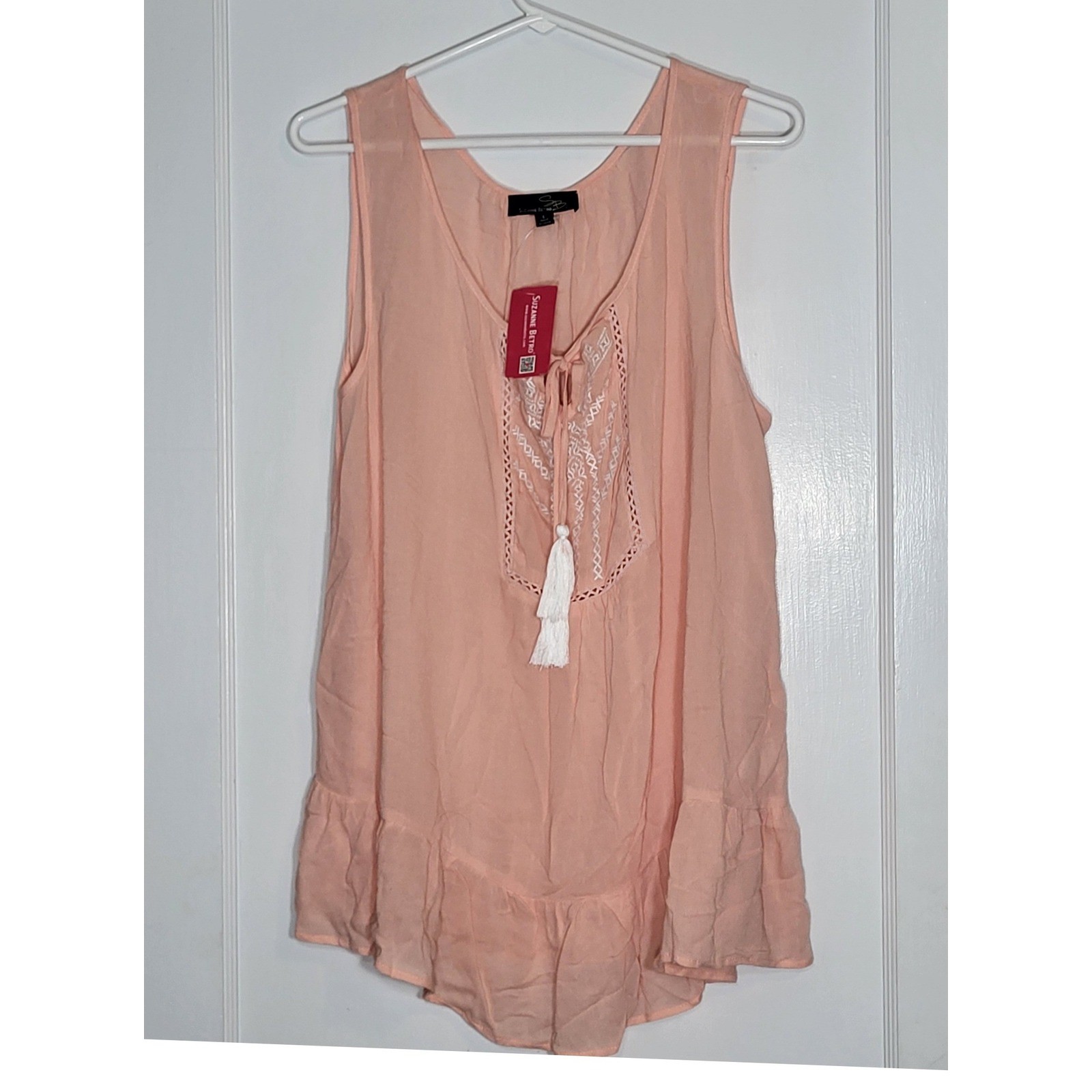 Suzanne Betro Peach Pink Boho Embroidered Tassel Tank Top Ruffle Hem U7501169 L