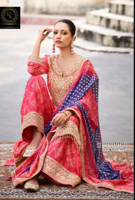 Women Pure Bandhani Chinon Silk Print Top With Embroidery Dupatta With Embroider