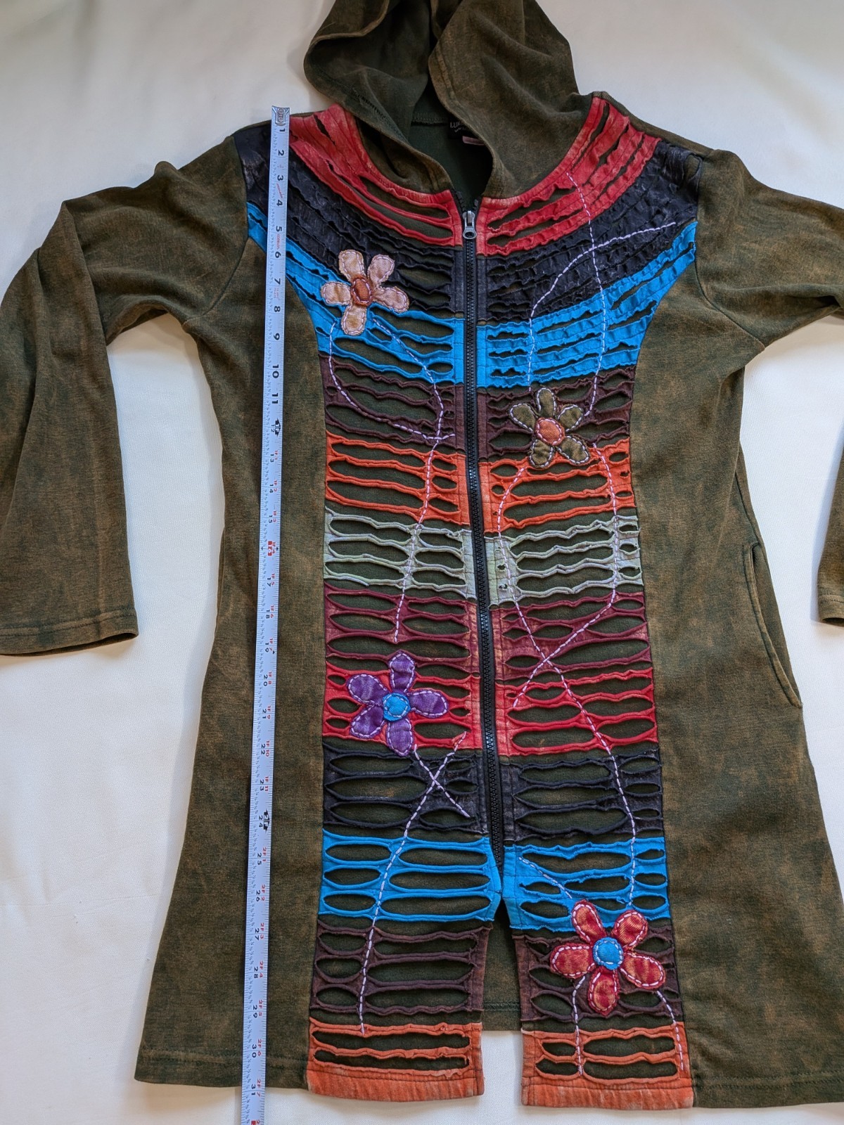 Embroidered Long Hoodie Green Floral Zip Nepal Boho Grunge Artsy Size L *Flaw