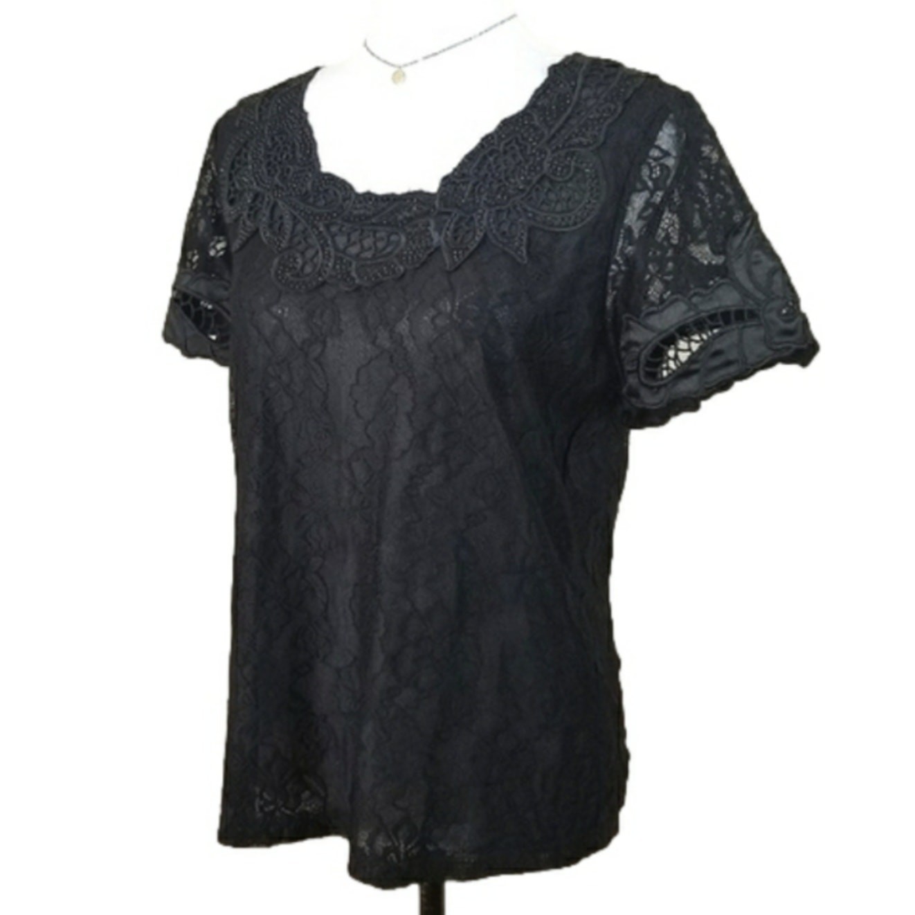 Women Black Lace Mesh Crystal Stud Top L Cocktail Wedding Guest Party Date Night