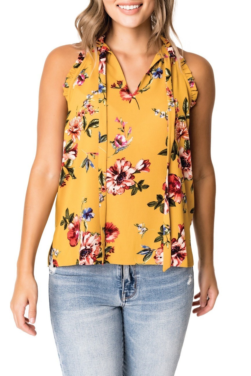 Gibson Nordstrom Floral Ruffle Tank Top Crepe Mustard Yellow Size Medium NEW