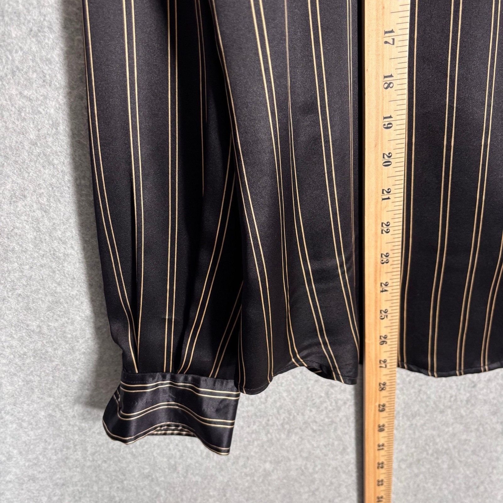 Rafaella 100% Silk Pinstripe Button Down Blouse 14 Black Gold Satin Minimalist