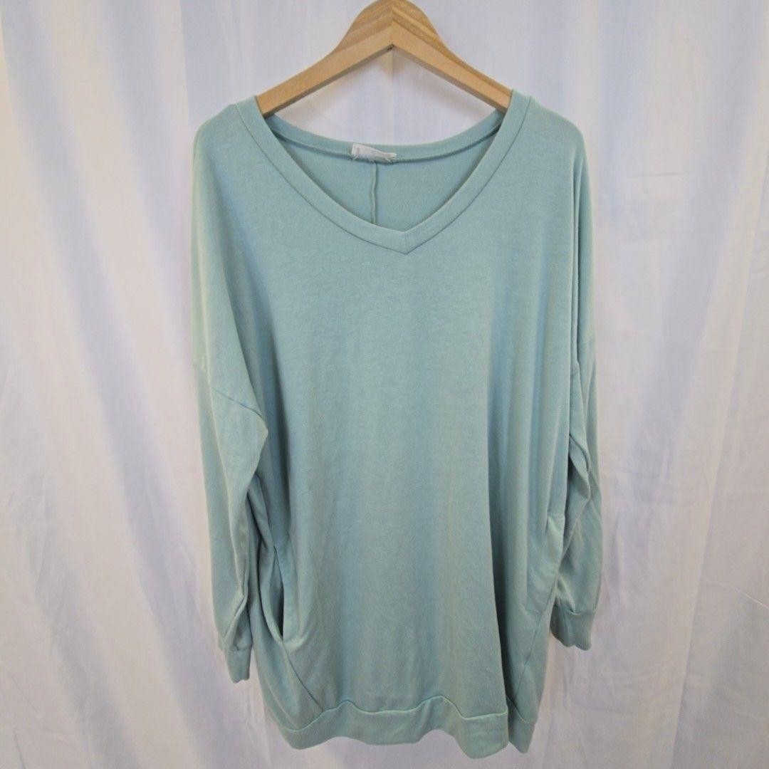 Zenana Shirt Womens 1X Green V Neck Long Sleeve Tunic Top Pockets Soft Stretch