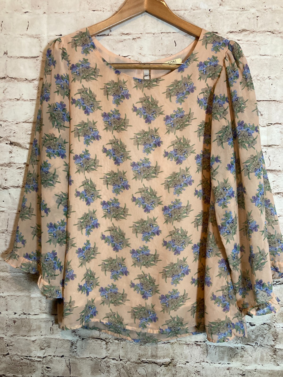 KORI America Top Womens Medium Pale Pink Floral Flared Sleeve Boho Lined Flowy