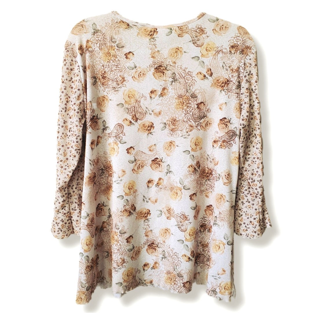 90s Y2K Women Beige Floral Lettuce Hem Stretchy Top L Boho Fairy Goblincore USA
