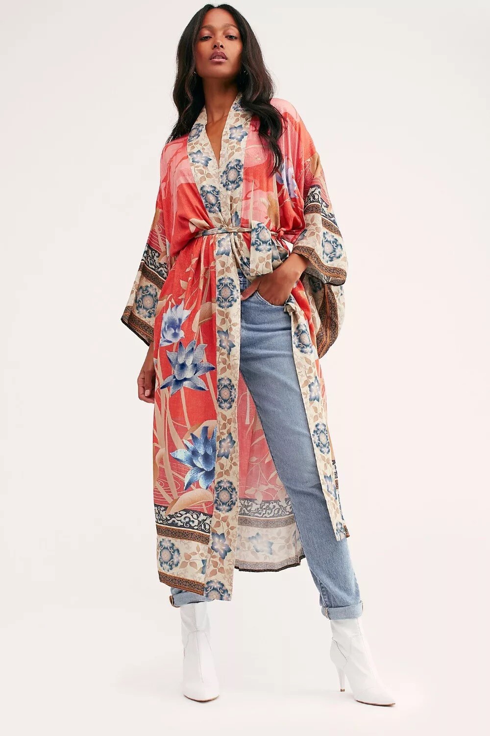 Bohemian Floral Print Kimono Robe (OS) – Coral