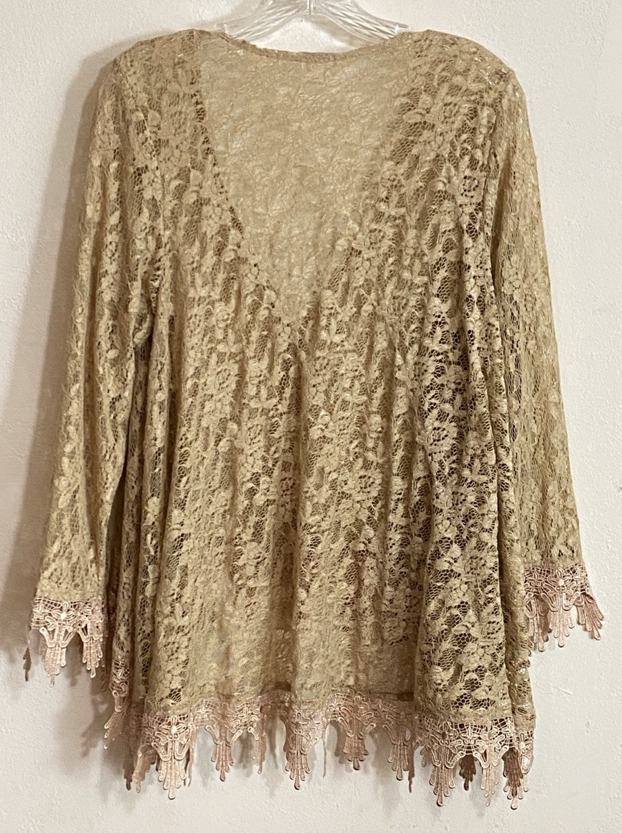 Boho Gold Floral Lace Cardigan Hi/Lo Bell Sleeve Heavy Scalloped Trim Festival L