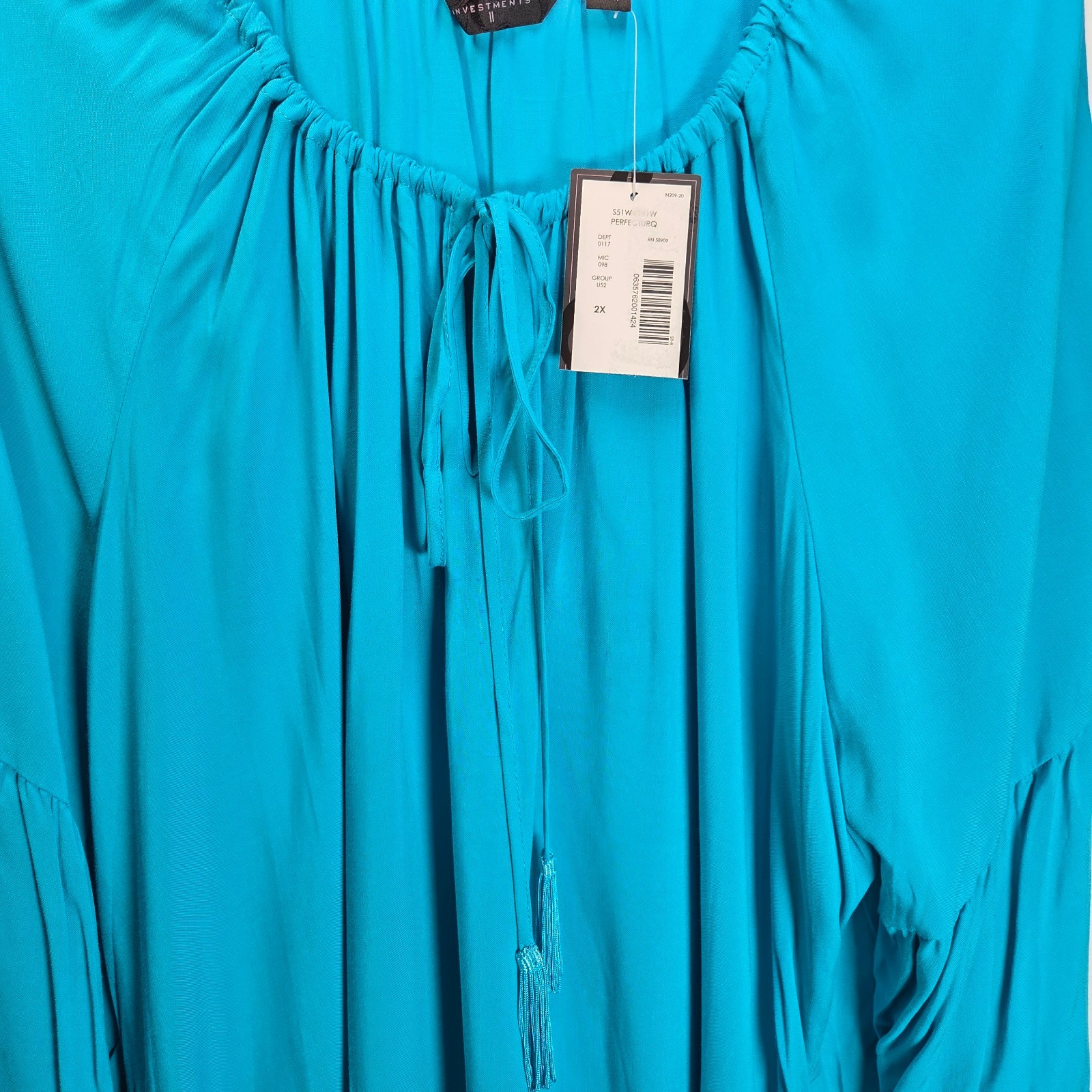 Investments II Turquoise 2X Blouse Flare Lace Sleeves Boho Tie Neck Hippie