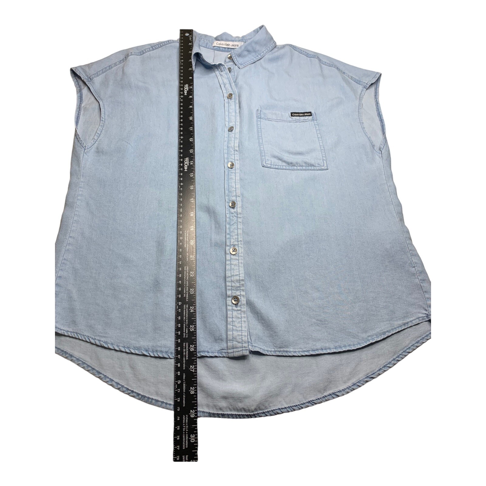 Calvin Klein Jeans NWT S Women Blue Button Up Sleeveless Colar Shirt $69 #1557D