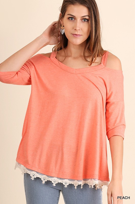 XL PLUS 1XL 2XL UMGEE PEACH Open Collar Lace Hem Top/Shirt BHCS