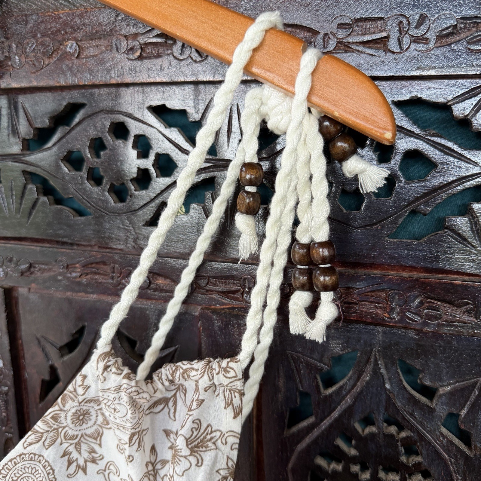 Boho Tassel Fringe Tank Top Womens M 100 Cotton Wood Bead Rope Paisley Botanical