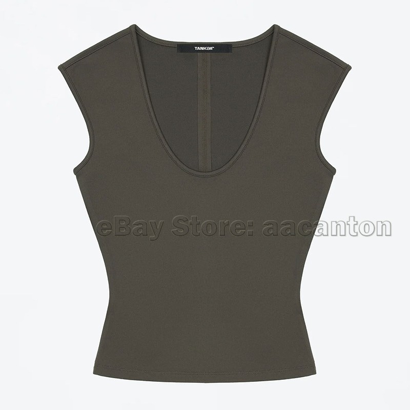 Tank Air Women Large U-neck T-shirts Tight Fit Fixed Dye High Stretch Short Top