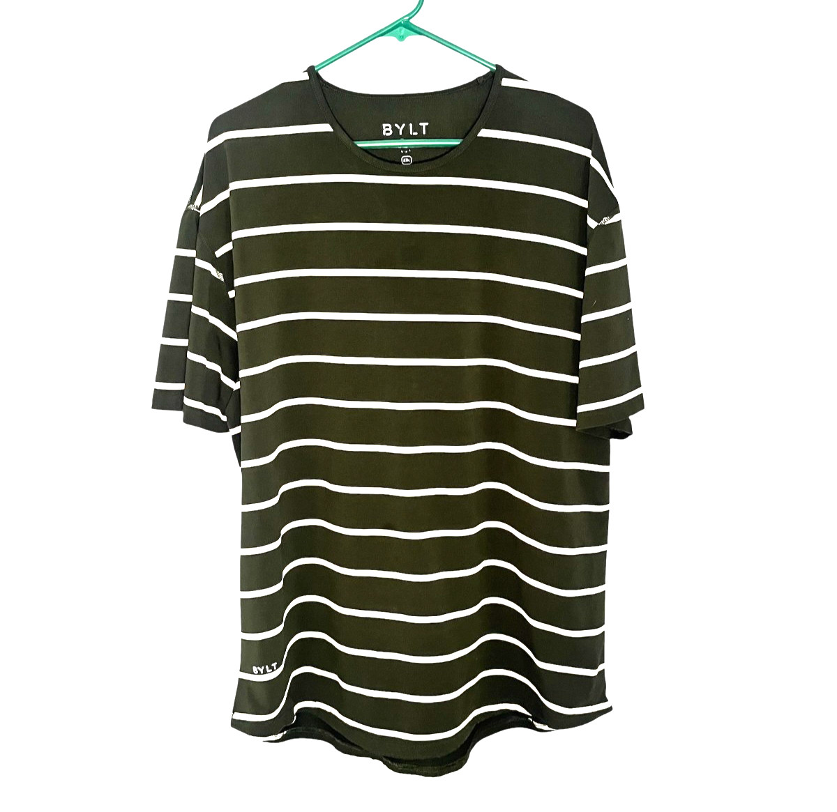 Bylt Premium Basics Women’s XXL Shirt Green White Stripe Drop Hem Curved