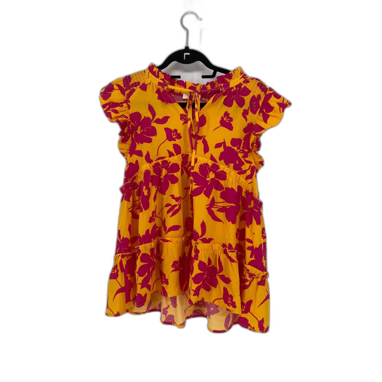 Umgee yellow and magenta Floral Print Ruffel Blouse no size tag