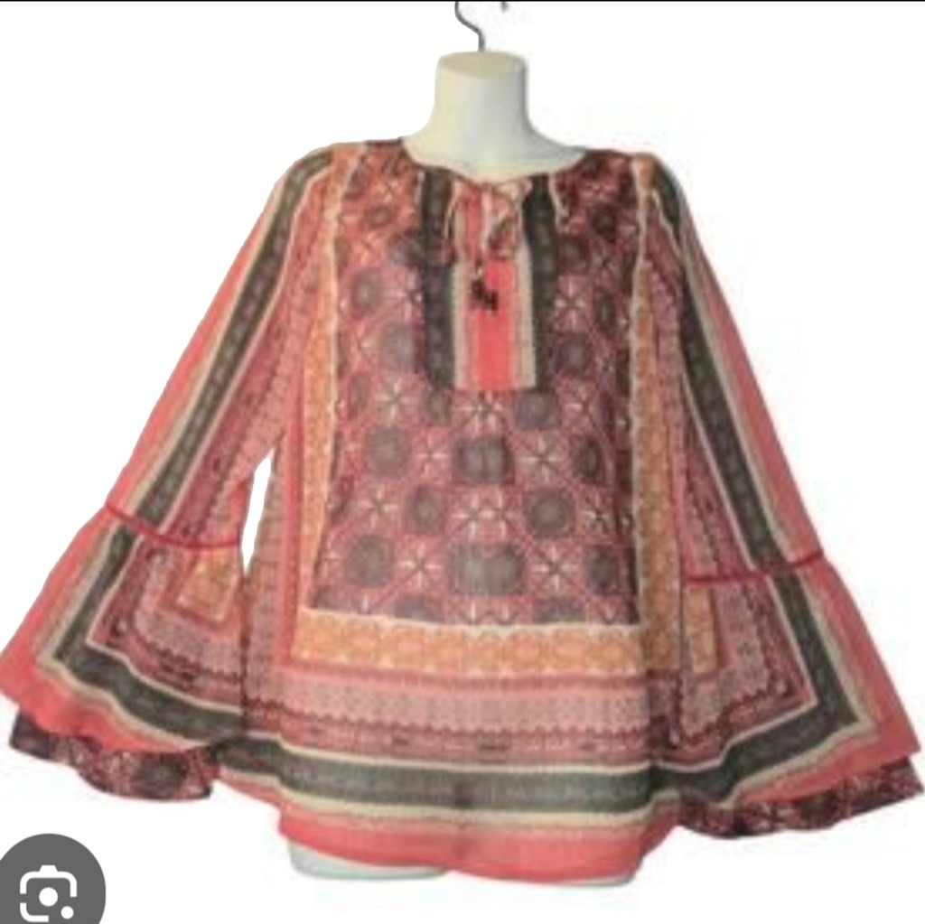 Knox Rose Ethnic Patterned Tunic in Coral Browns Gray Sz: S Oversized Flowy Boho