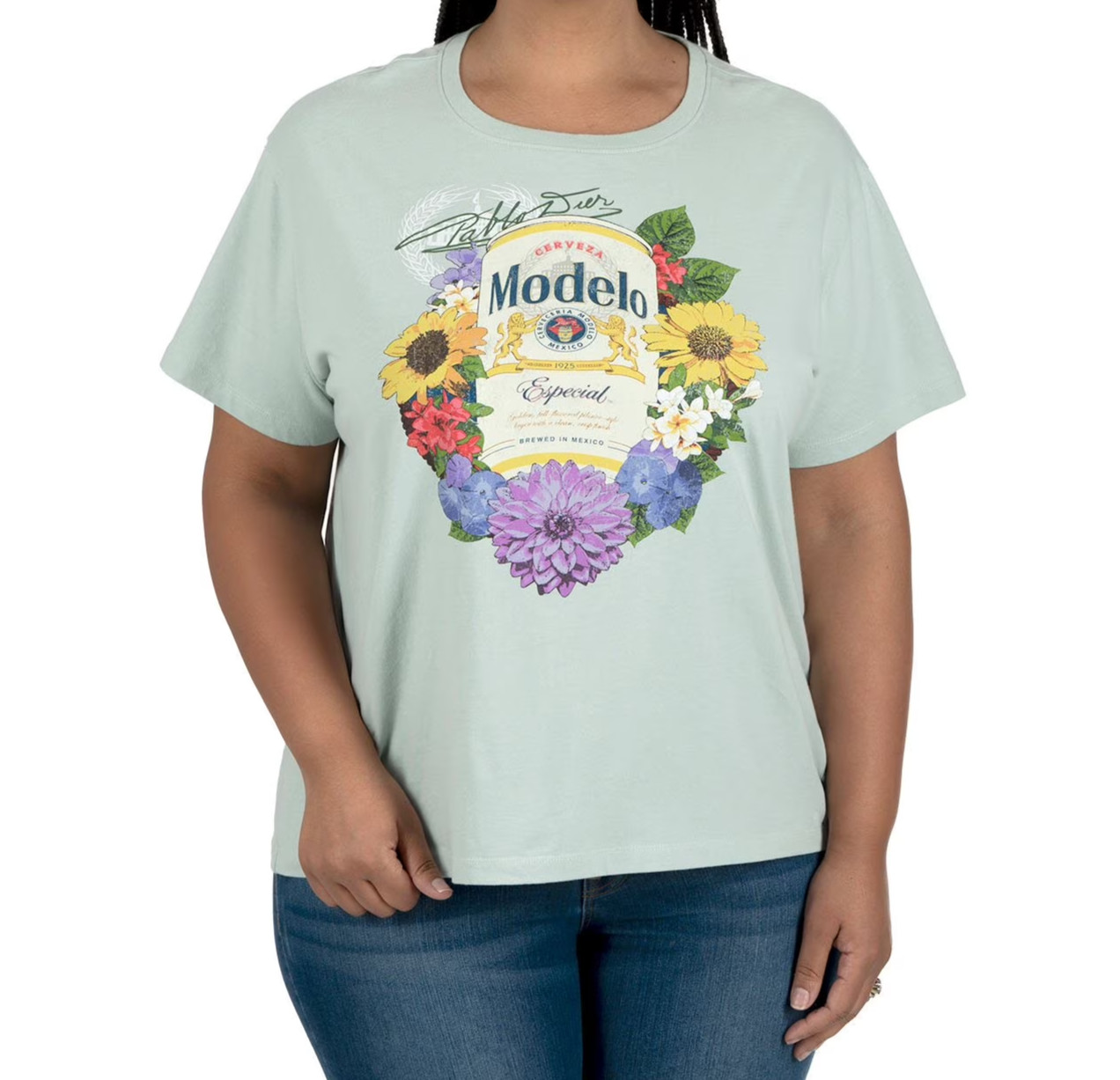 Modelo Especial Pablo Dier Graphic T Shirt XL Mint Green Floral Beer Can Cotton