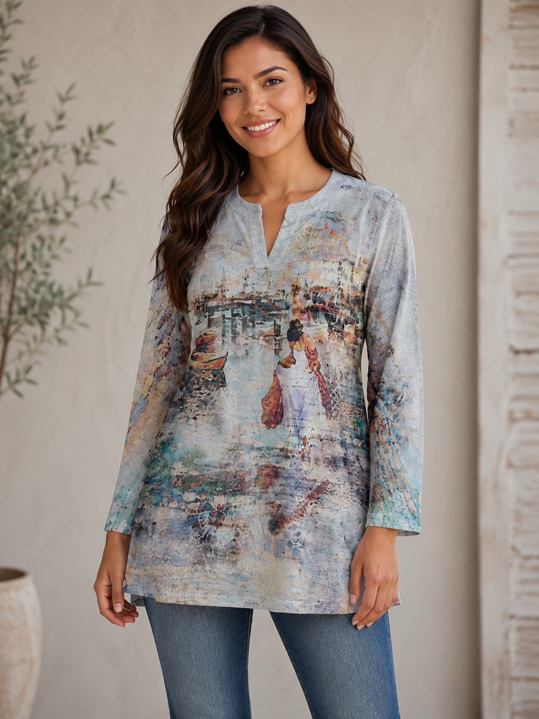 Inoah Tunic Top Medium Abstract Artsy Art To Wear Lagenlook USA Travel Pockets
