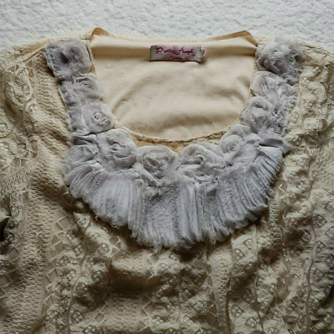 Pretty Angel Blouse Womens XL Beige Scoop Neck Short Sleeve Lace Sheer Tunic Top
