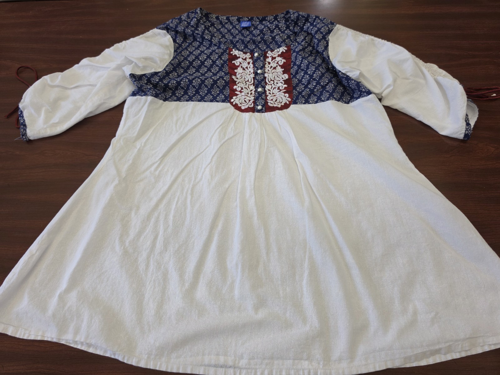 Ramas XXL Boho Tunic Top Blue White Embroidered Floral Peasant Blouse India