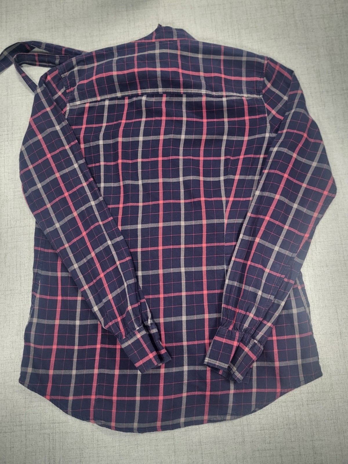Gap Navy And Pink Front Ruffle Plaid Button Shirt with Self Tie Bow Size M